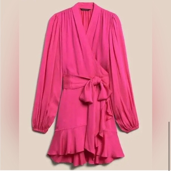 Banana Republic Bright Peony Satin Ruffle Wrap Dress small - Picture 4 of 16
